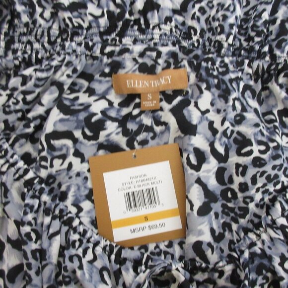 Ellen Tracy Womens Blouse Small Black Animal Print Gathered Peplum Silky Keyhole - Picture 3 of 10